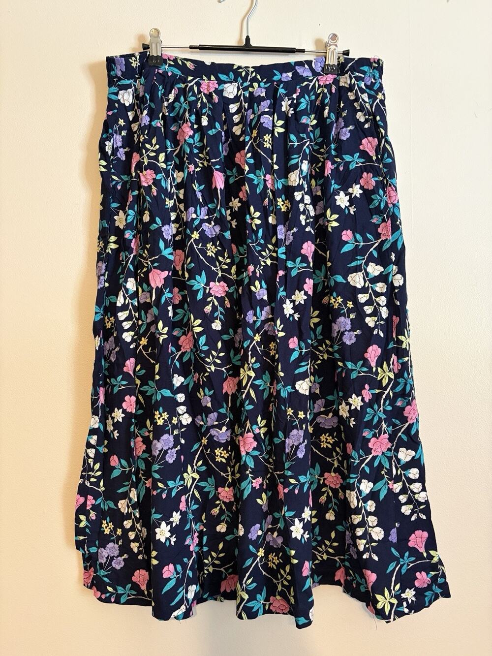 Bobbie Brooks Floral Midi Skirt Womens XL Navy Pink Purple Cottagecore Boho